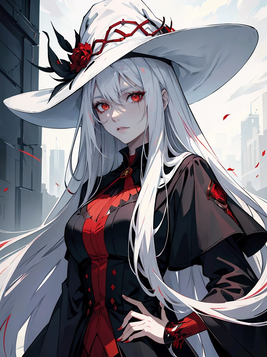 handsome woman,red-eyes,red pupils,Long white hair, grey skin, looks ill, Hyperresolution,accuracy,Detailed rendering,(Subtle facial image)(Image of fine hair)(topquality)(Masterpieces of masters)(High degree of completeness)(A sense of atmosphere)tmasterpiece,Super detailed and super detailed(half-body portrait), large witch hat, ankle length white straight hair, fierce look in her eyes,
