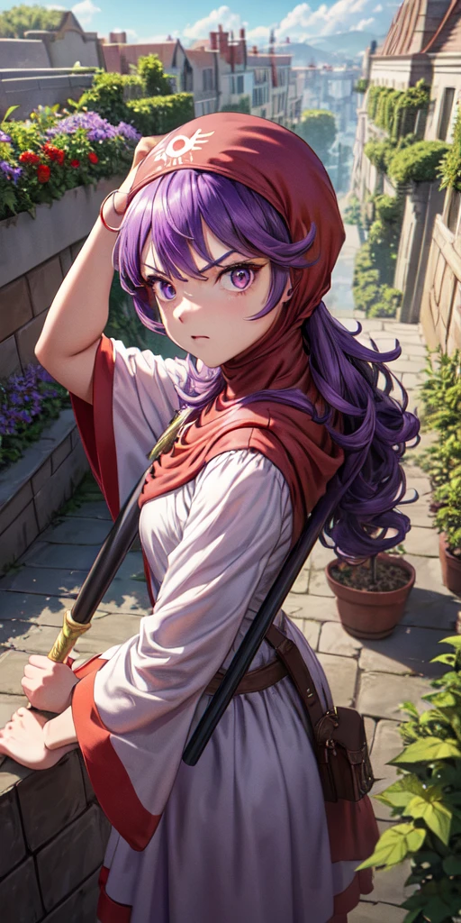 masterpiece, best quality, 4k, 8k, dqPom, red hood, purple hair, robe, upper body, holding staff, sky, garden, looking at viewer, from above, angry