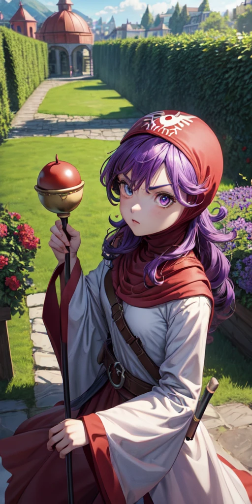 masterpiece, best quality, 4k, 8k, dqPom, red hood, purple hair, robe, upper body, holding staff, sky, garden, looking at viewer, from above, angry