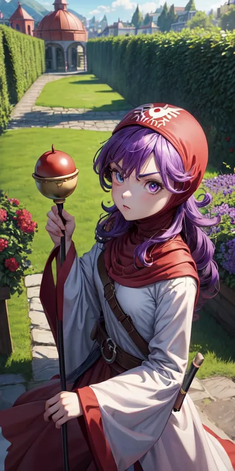 masterpiece, best quality, 4k, 8k, dqpom, red hood, purple hair, robe, upper body, holding staff, sky, garden, looking at viewer...