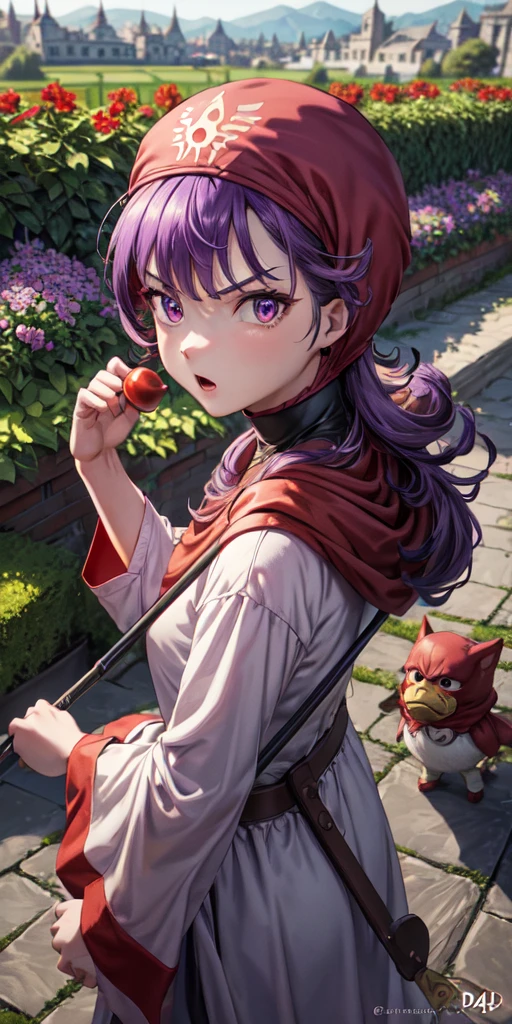 masterpiece, best quality, 4k, 8k, dqPom, red hood, purple hair, robe, upper body, holding staff, sky, garden, looking at viewer, from above, angry