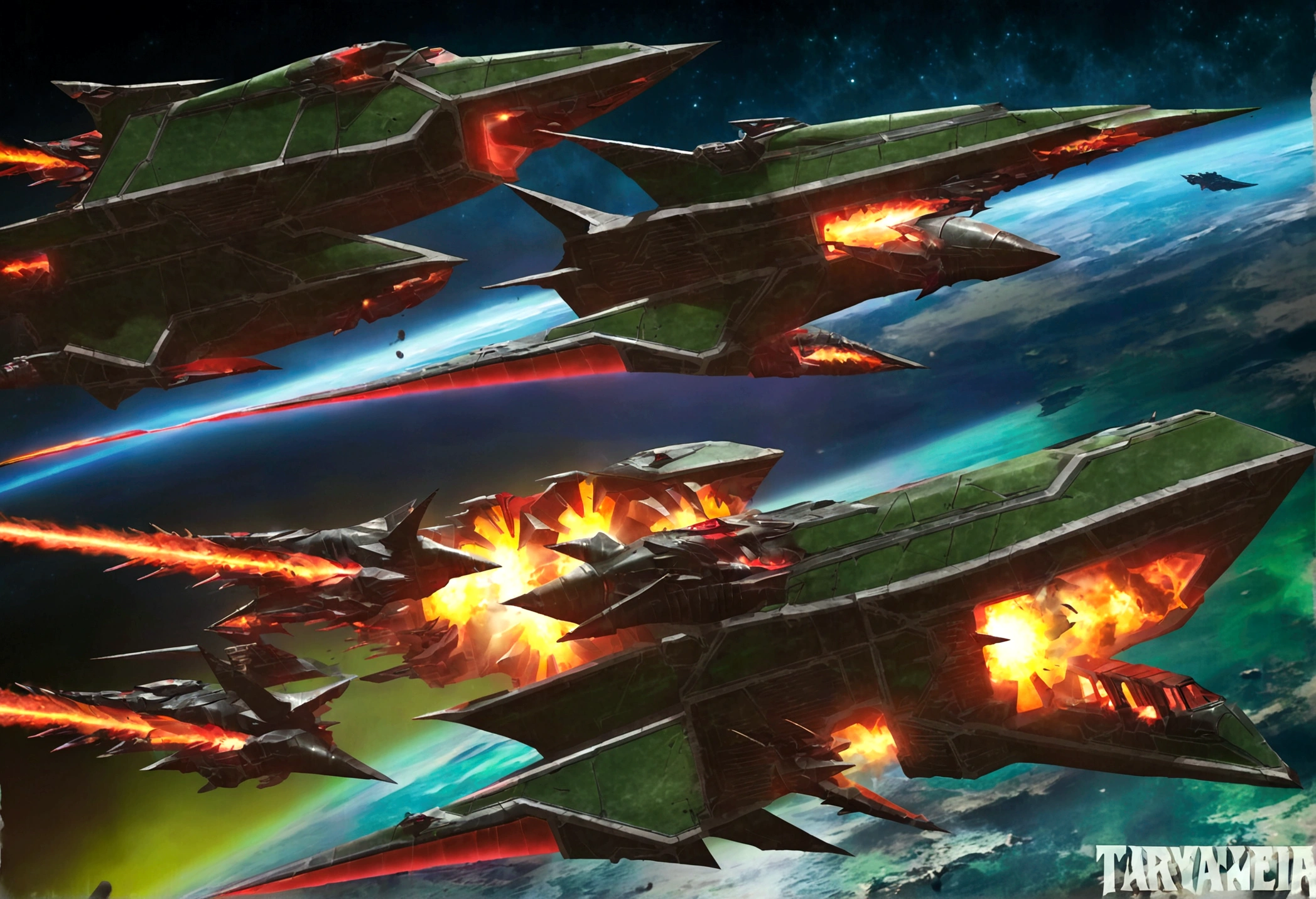 Warhammer 40k, a fleet of gothic Imperial space warships battle Tyranid bio ships in an epic space battle above a lush world
