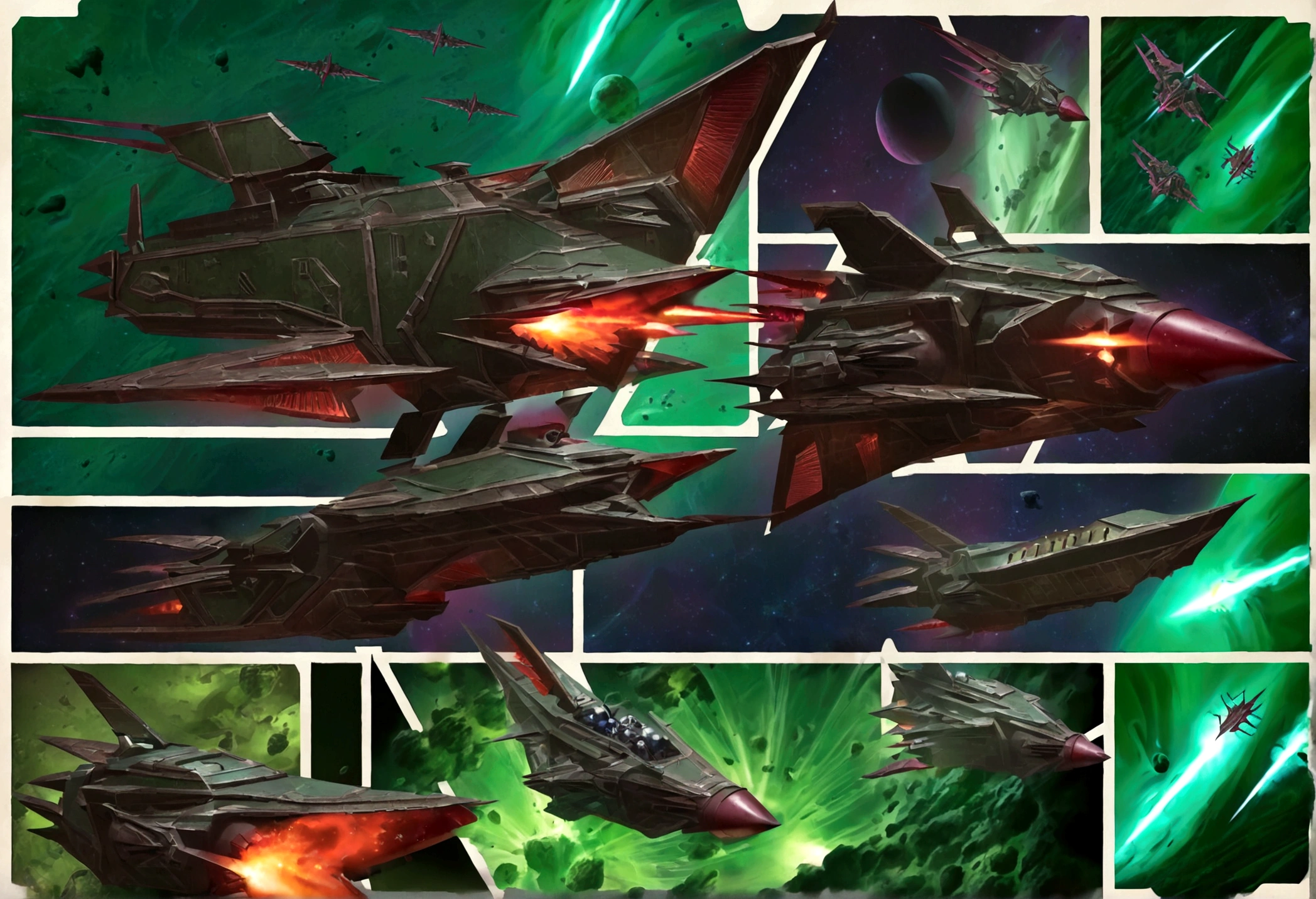 Warhammer 40k, a fleet of gothic Imperial space warships battle Tyranid bio ships in an epic space battle above a lush world
