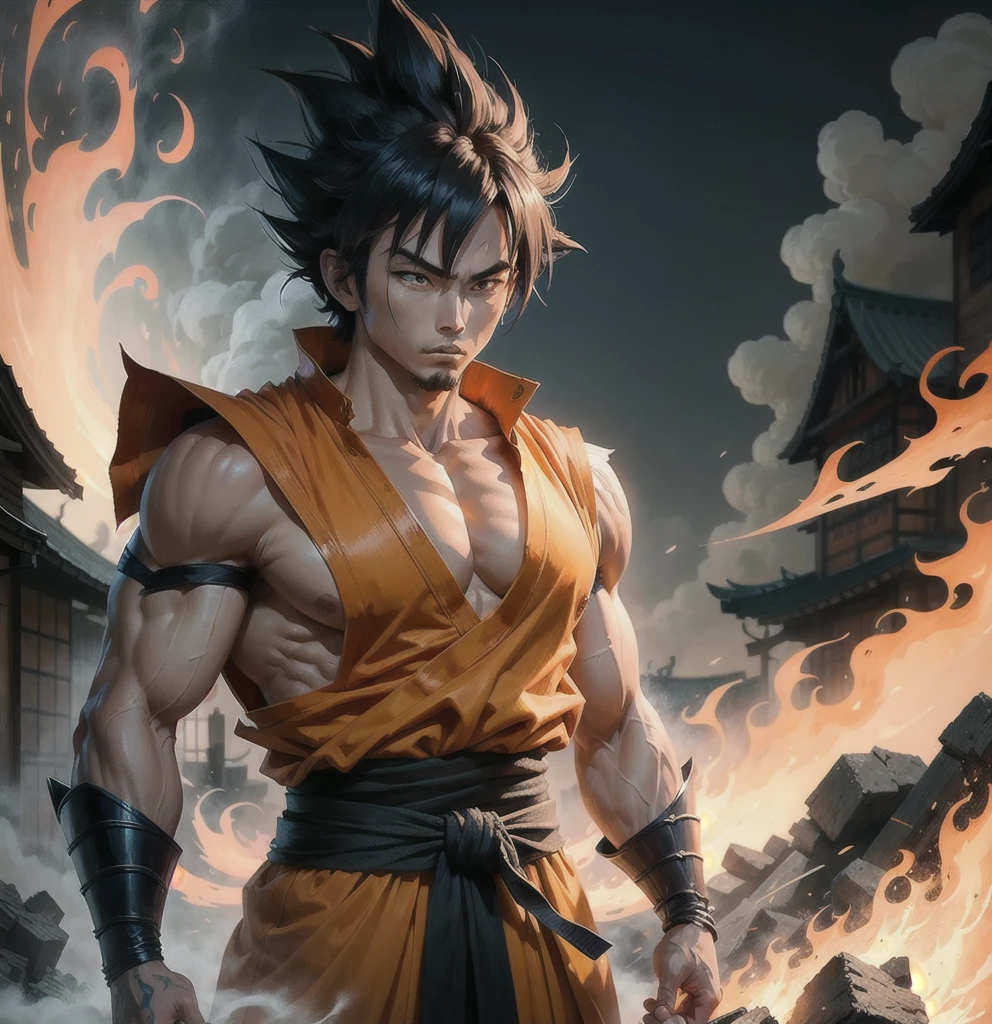 goku anime illustration of a masked samurai standing in the middle of a smoky, destroyed village  