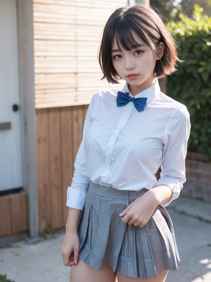(masterpiece:1.2, Highest quality), (Realistic, photoRealistic:1.4), Seductive pose, (Natural Side Lighting, Cinema Lighting), ,
(Show Viewer), 1 Girl, Japanese, high school girl, Perfect Face, Cute and symmetrical face, Shiny skin, ,
(Short Hair:1.5, Messy Hair:1.2, brown), Swept-apart bangs, Emerald green eyes, Droopy eyes, Long eyelashes, (Big Breasts:0.6), Great style,mini skirtート,mini skirt,String,Wearing sexy panties,
Beautiful Hair, Beautiful Face, Beautiful details, Beautiful clavicle, Beautiful body, Beautiful breasts, Beautiful thighs, Beautiful legs,
((Symmetrical clothing, Light blue collared shirt, Grey pleated skirt, Blue checked bow tie), Pink Panties, ), Black socks,
(Beautiful views), Daytime, On the bed, (look forward to), (Annoyed expression, Blushing, Embarrassed expression), (((Pulling on skirt, Increase in wind power))),