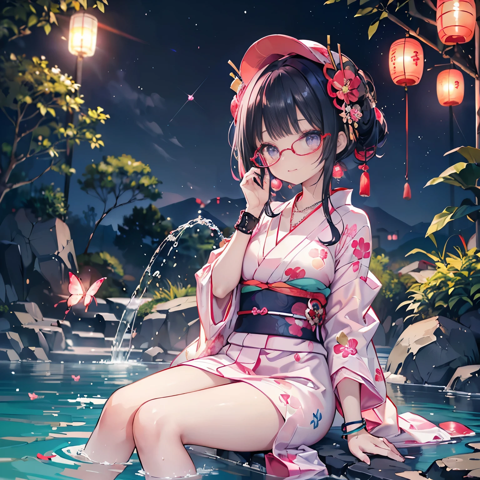 (elegant red pink baseball cap),
(wearing elegant pink round frame glasses),
high angle,from above,cleavage,(beautiful pink and green butterflies and dragonflies all over the place),colorful flowers,fantasy beams and lights,
((masterpiece:1.4, best quality)), ((masterpiece, best quality)),((beautiful twin tail black hair,blunt bangs,beautiful cobalt blue eyes,little cute girl)),((sexy colorful japanese yukata mini dress)),full body, bathing in the water,(beautiful outside open spa),(water splash,lovely laugh), (Lace chalker, wristband, diamond necklace,earrings),cinematic lighting and pause,beautiful natural mysterious park,night sky,full moon,(beautiful pink and red butterflies and dragonflies all over the place),