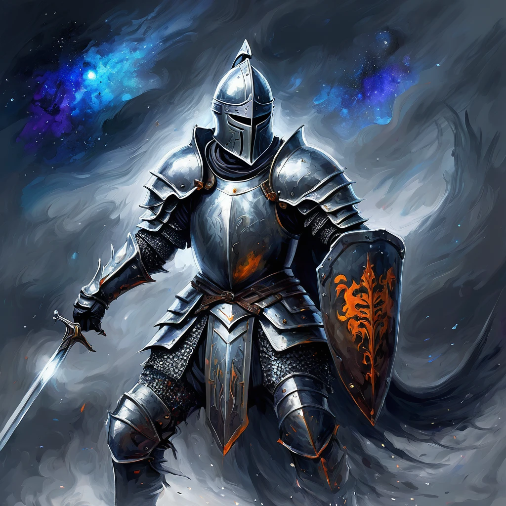 Create an impressionistic painting of a scary warrior knight, Neve, Cosmic gray, artistic, complicated