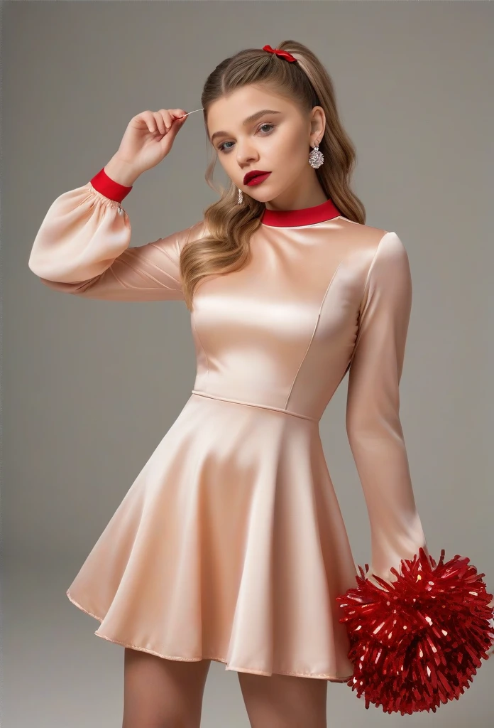 1girl, cheerleader uniform, long sleeve minidress, Addidas, sheer shiny shimmering silky tan pantyhose, L'eggs, 5 inch white high heeled pumps, Jimmy Choo, holding pompoms, studio photo shoot, red lipstick, long dangling earrings, hair in pigtails, glamor photo shoot, full length portrait, 9:16 aspect ratio, wide angle lens, Chloe Moretz, University of Tennessee, (best quality,4k,8k,highres,masterpiece:1.2),ultra-detailed,(realistic,photorealistic,photo-realistic:1.37),HDR,UHD,studio lighting,ultra-fine painting,sharp focus,physically-based rendering,extreme detail description,professional,vivid colors,bokeh