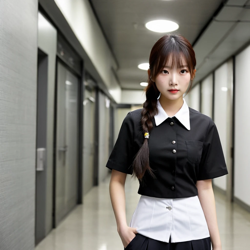 Asian woman with pale skin, blushing, wearing a uniform shirt and black pants, Standing in hallway, braided black hair, skinny, large breasts and wide hips.