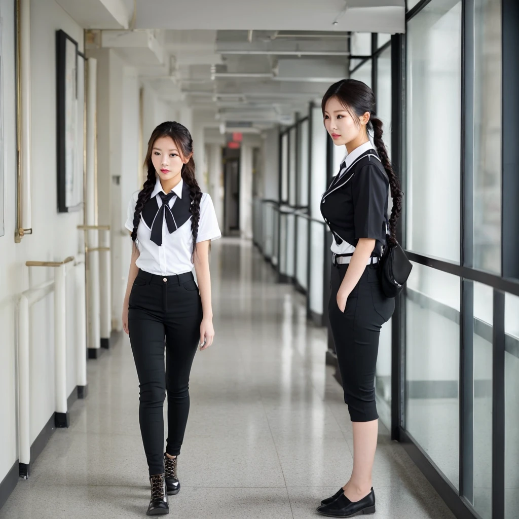 Asian woman with pale skin, blushing, wearing a uniform shirt and black pants, Standing in hallway, braided black hair, skinny, large breasts and wide hips.
