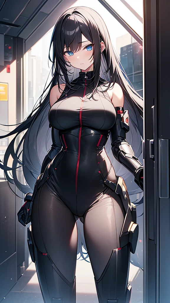(Highly detailed CG Unity 8k wallpaper,masterpiece, Biological, whole body),(Best lighting, Best Shadow, Very delicate and beautiful),(One girl),blue eyes, Big Breasts, Black Hair,Red and black off-the-shoulder SF bodysuit,Neck Seal,High-tech sci-fi corridor, Dynamic pose, Detailed Machinery, Sleek design., {{An extraterrestrial lifeform preys on girls and takes their place、Her breasts are bigger than a real girl's}}, Unknown sensation, Feels good, Vigorous movement, more, instinct, Female fall, Bouncing chest, loose, The bones of a girl he preyed on were found in his locker., NSFW