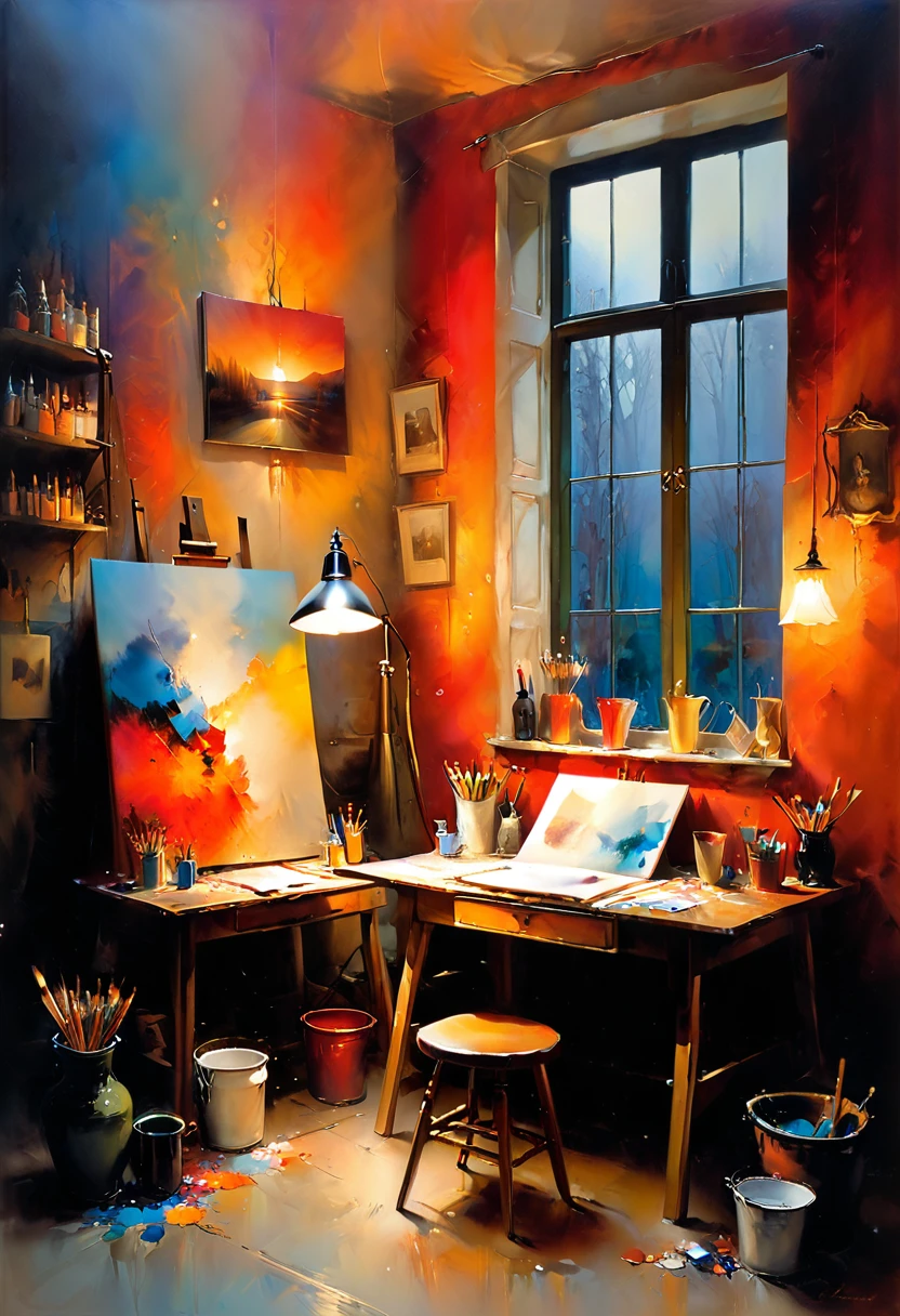 the artist's studio in the late evening. canvases and paintings are everywhere. tubes of paint are scattered on the table. A single lamp emits a warm light, emphasizes the mystical atmosphere