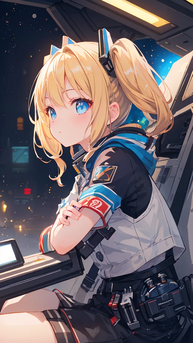 Masterpiece, beautifully detailed eyes,
stunning 4K artwork,
1 girl,
blonde hair, twin tails,
blue eyes,
ultra-realistic, (photorealistic:1.3), RAW photo, professional photography, cinematic lighting, realistic portrait, inside spaceship, sitting in cockpit,
(random cute poses:1.3),
((bokeh)), depth of field, looking towards you,from side