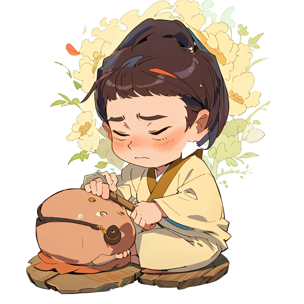 A monk is beating a wooden fish, monk meditate, buddhist monk, ancient japanese monk, Exhausted God, buddhist monk meditating, Japanese God, The saint stares at the ground, Prayer and Meditation, Taoist priest, ??????? monk, monk clothes, Buddhism, monk, Charming man, mind character