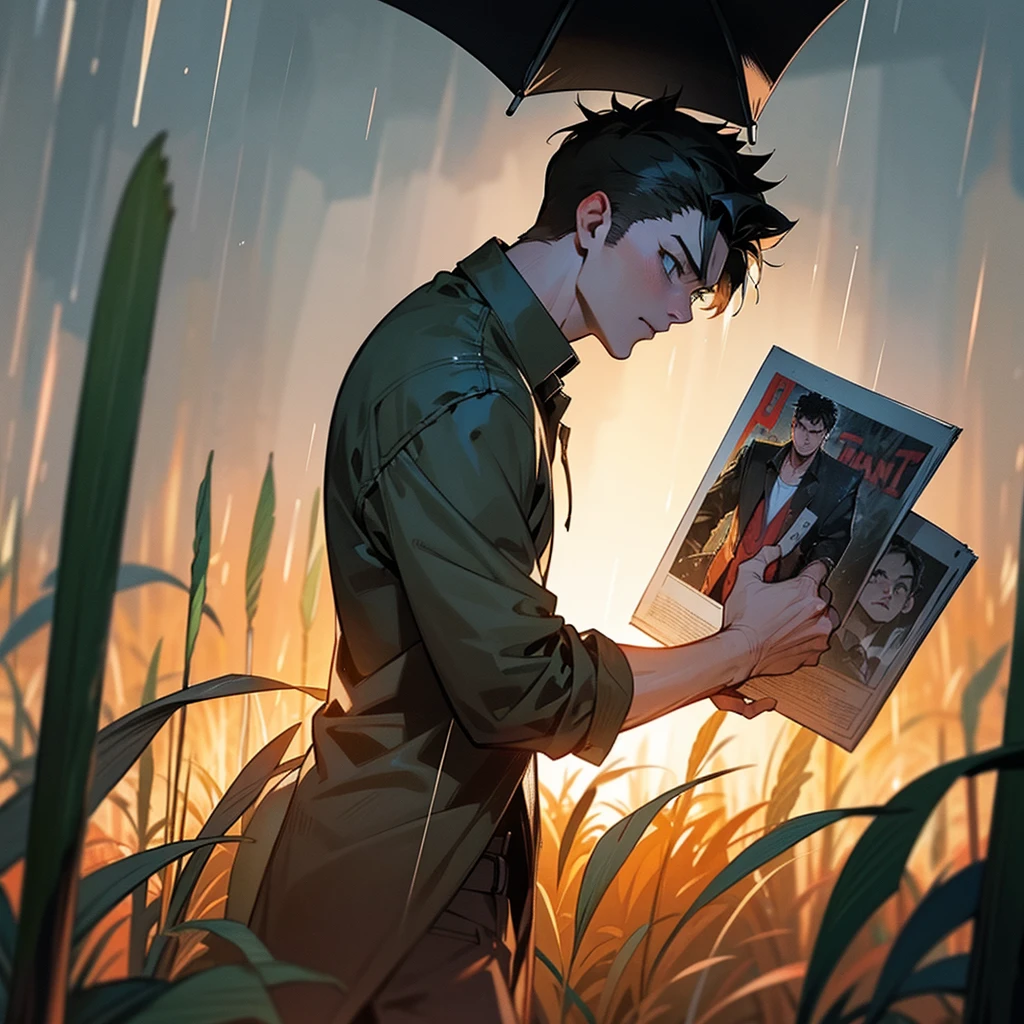 Create pages for a comic book with the boys style,a horror story in a cornfield at night,with rain and a scary monster,and  dean winchester. 