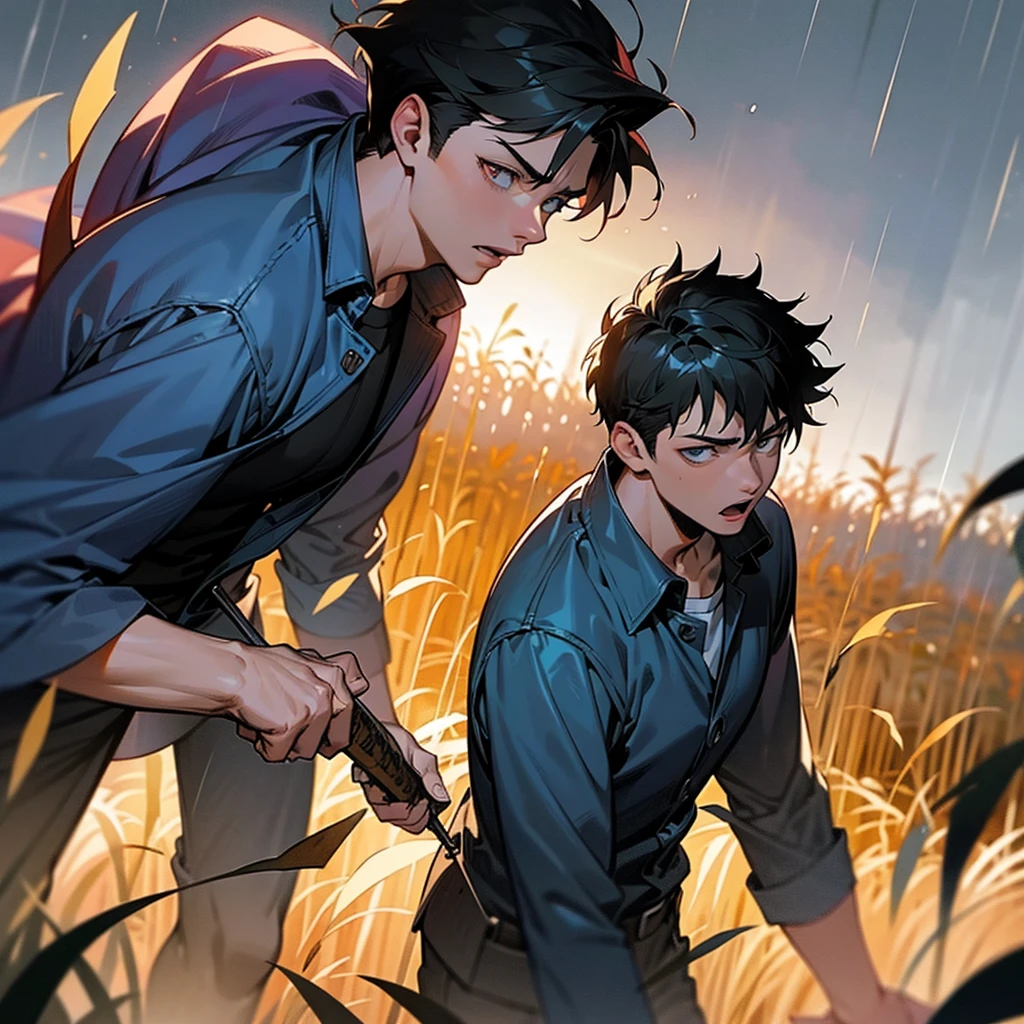 Create pages for a comic book with the boys style,a horror story in a cornfield at night,with rain and a scary monster,and dean winchester.
