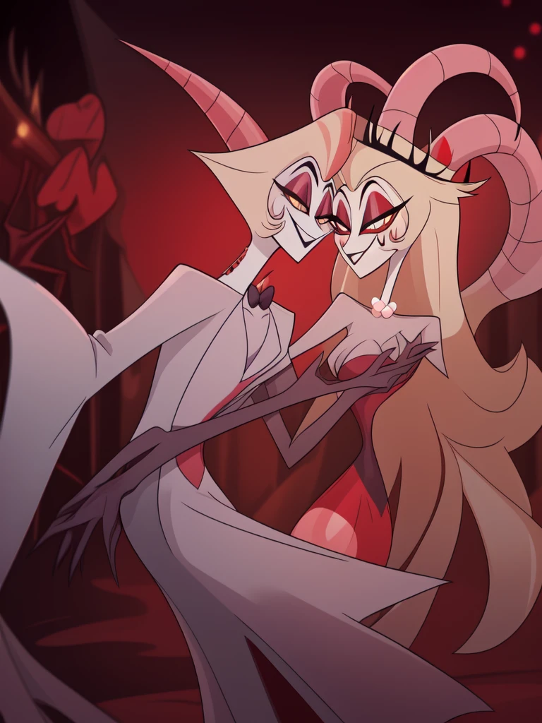 Lilith (Hazbin Hotel), Lucifer | Hazbin Hotel, waltz, upper body, 1boy, 1girl, female taller than male, 2people, cleavage, perfect anatomy, holding hands, long hair, elegant dance