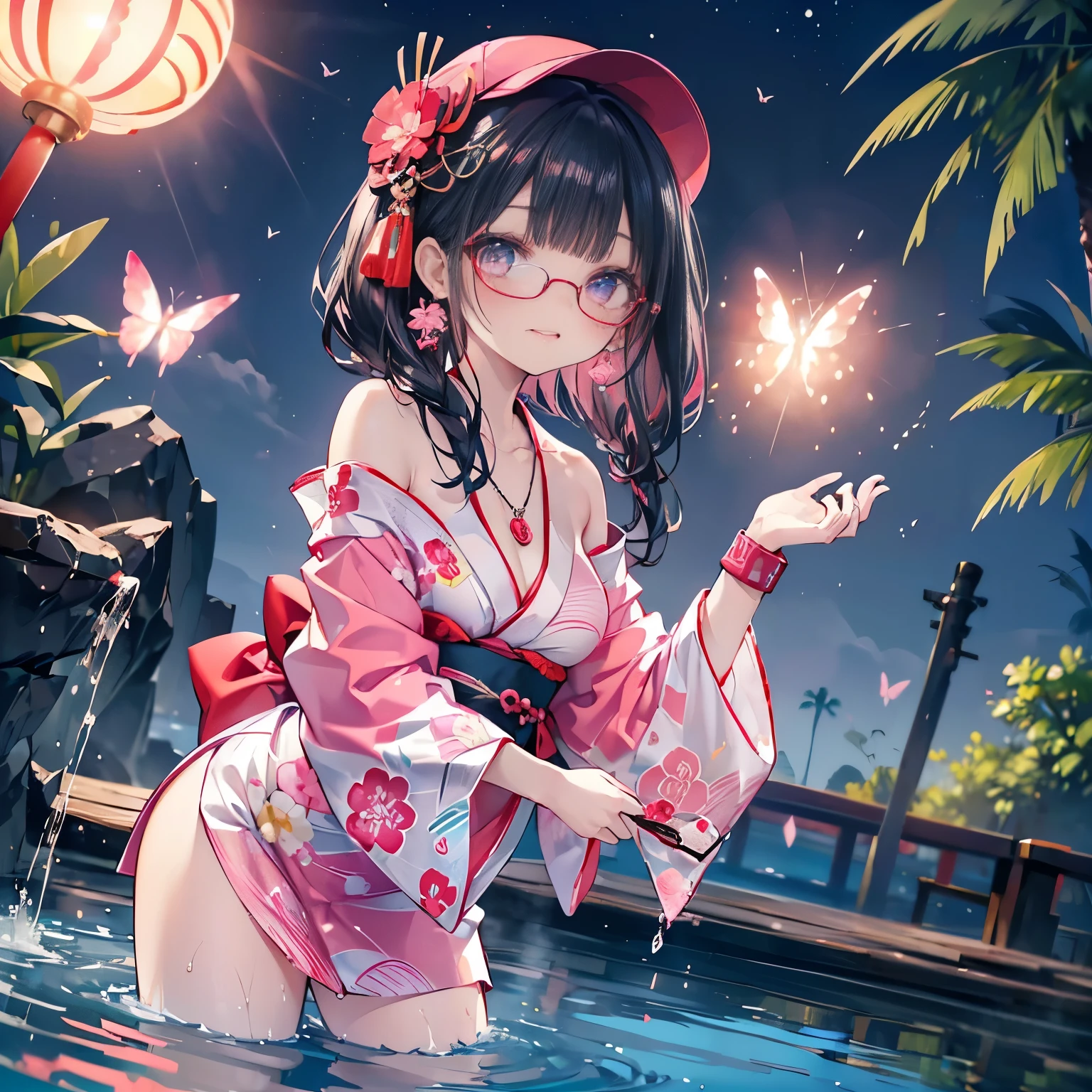 (elegant red pink baseball cap),
(wearing elegant pink round frame glasses),
high angle,from above,,(beautiful pink and green butterfland dragonflies all over the place),colorful flowers,fantasy beams and lights,
((masterpiece:1.4, best quality)), ((masterpiece, best quality)),((beautiful twin tail black hair,blunt bangs,beautiful cobalt blue eyes,little cute girl)),((sexy colorfuapanese yukata mini dress)),full body, bathing in the water,(beautiful outside open spa),(water splash,lovely laugh), (Lace chalker, wristband, diamond necklace,earrings),cinematic lighting and pause,beautiful natural mysterious park,night sky,full moon,(beautiful pink and red butterflies andgonflies all over the place),
