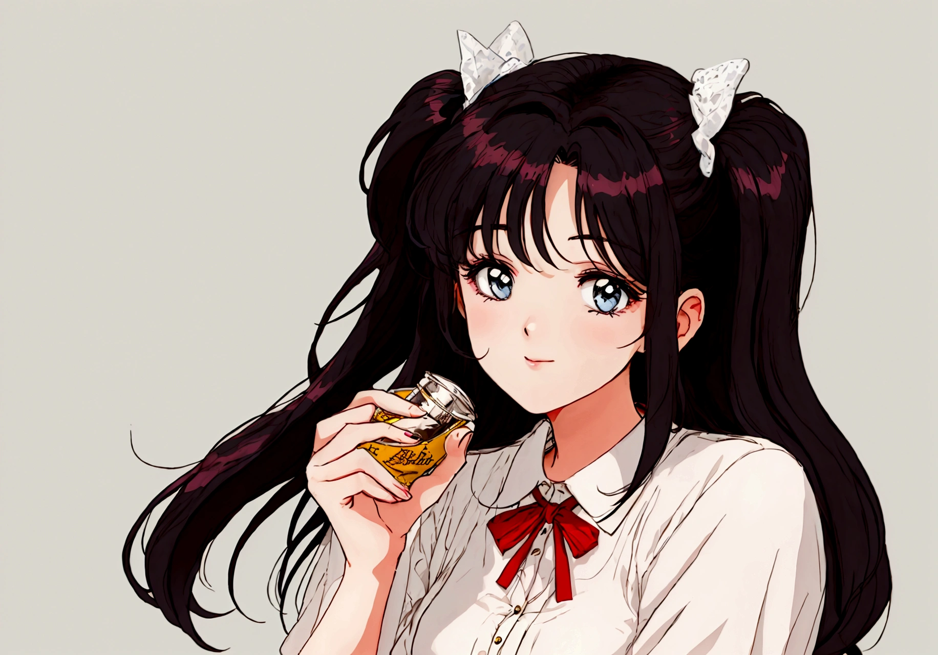 An anime girl, 80s style, taking a break from work
