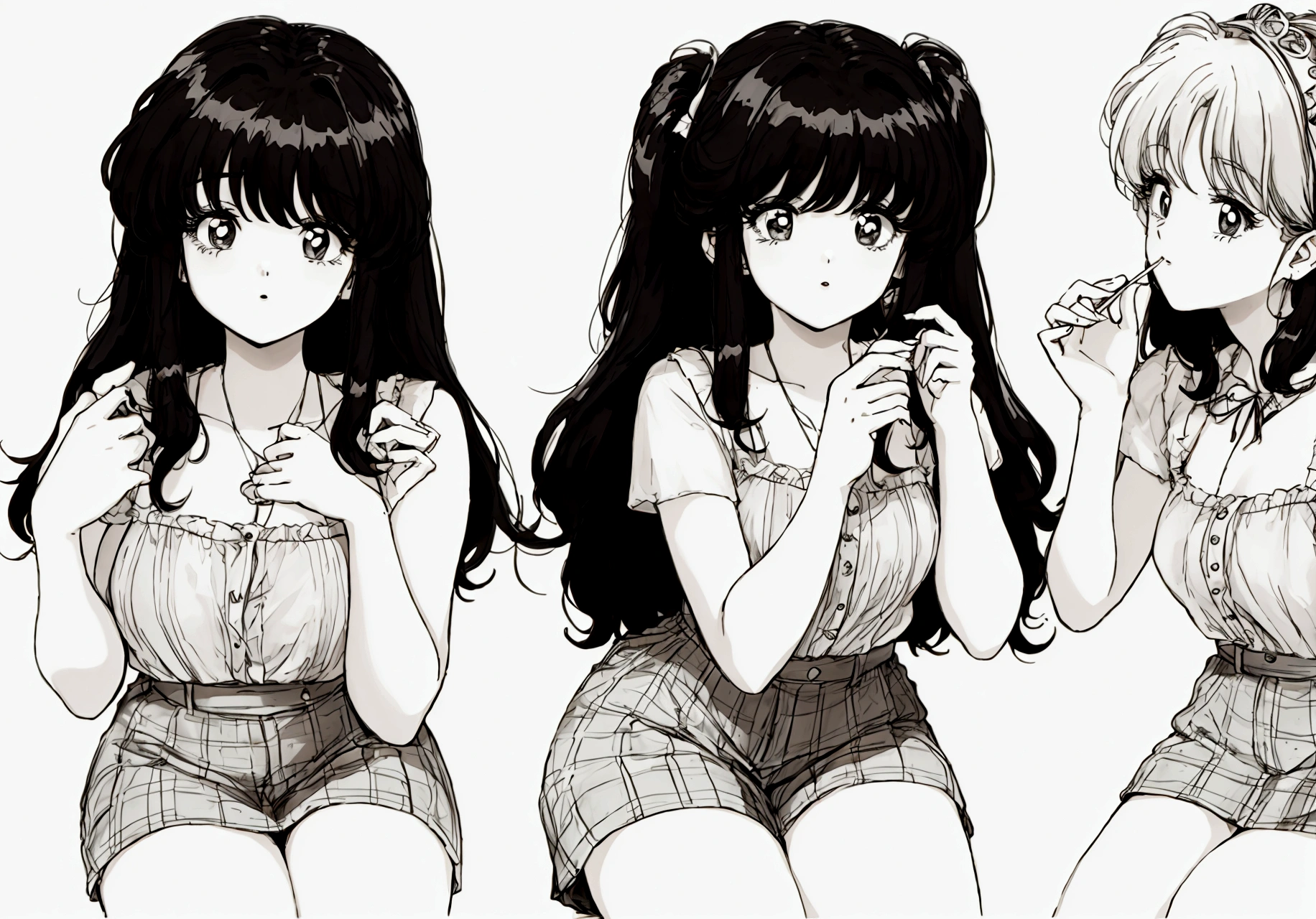 An anime girl, 80s style, taking a break from work