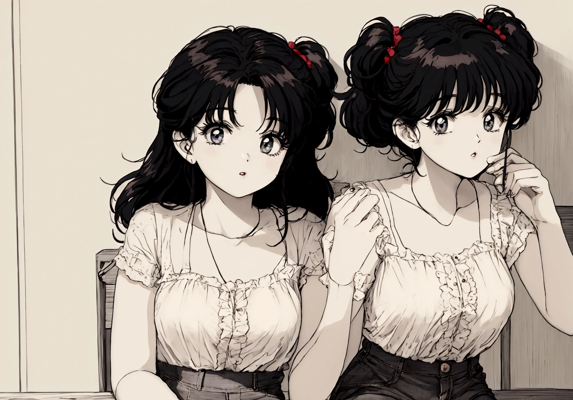 An anime girl, 80s style, taking a break from work