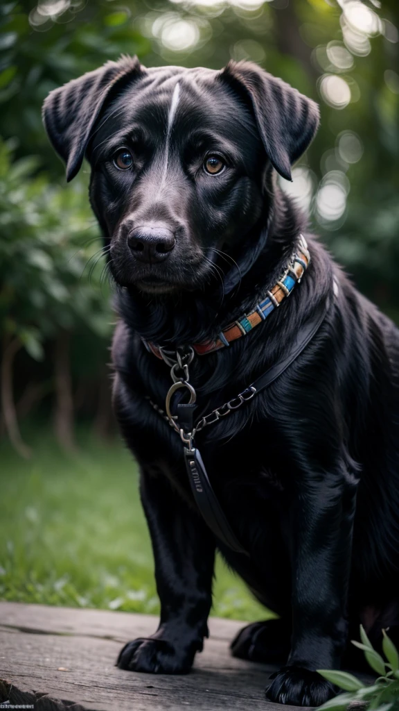 a curious black dog, photorealistic, 8k, hyperdetailed, studio lighting, ultra-fine details, vivid colors, depth of field, warm lighting, fur, friendly expression, outdoor nature background, lush greenery, shallow depth of field, beautiful bokeh, black and grey