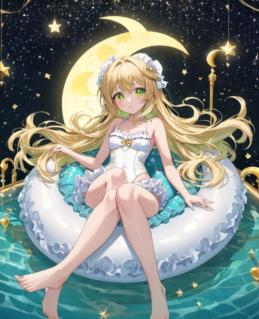 (masterpiece, best quality:1.2), (absurdres, highres, ultra-detailed), (perfect ???????), 
Beautiful adult woman、Night Pool、Riding on a cute float、Blonde、Fluffy longhair、Yellow-green eyes、Background glitter、night、Crescent Moon、heart、White frilly swimsuit

(8K, RAW photo:1.2),detailed face and eyes,intricate detail ,masterpiece ,sharp focus, high quality,BREAK,rating: general, newest