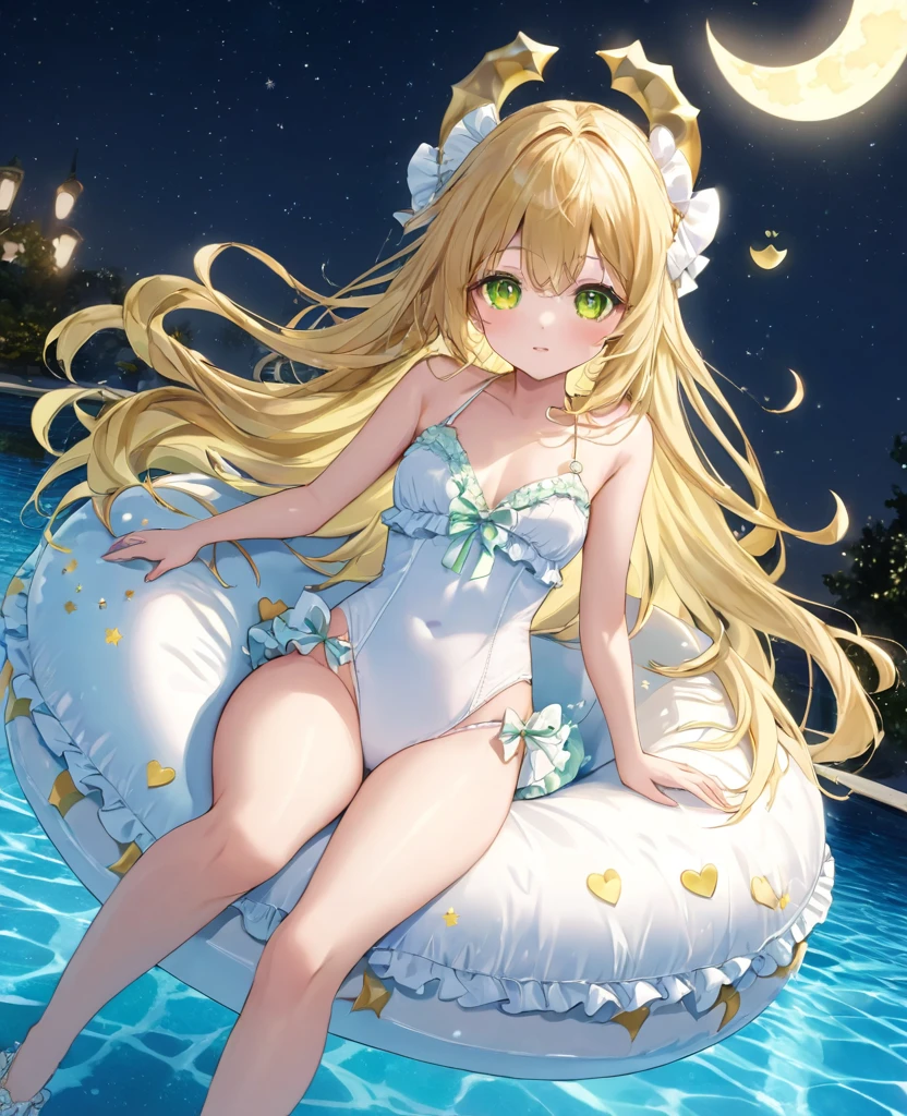 (masterpiece, best quality:1.2), (absurdres, highres, ultra-detailed), (perfect anatomy),
Beautiful adult woman、Night Pool、Riding on a cute float、Blonde、Fluffy longhair、Yellow-green eyes、Background glitter、night、Crescent Moon、heart、White frilly swimsuit
(8K, RAW photo:1.2),detailed face and eyes,intricate detail ,masterpiece ,sharp focus, high quality,BREAK,rating: general, newest