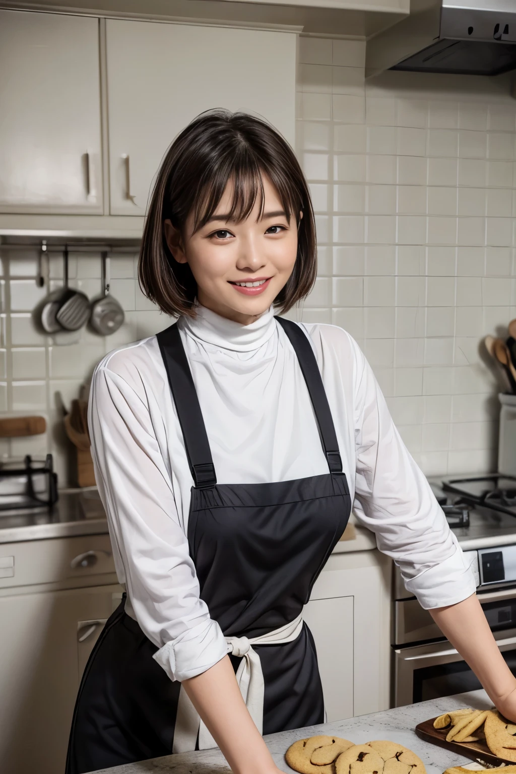 Browsing Caution:1.1、Active women, smile、Age: 40 years old, Mature Woman, Bake cookies in a sunny kitchen, Surrounded by flour, Stir the bowl,Japanese、Black long sleeve turtleneck、Huge breasts 、short hair、Black-haired、Wearing a white apron、Long bangs、Tight clothing