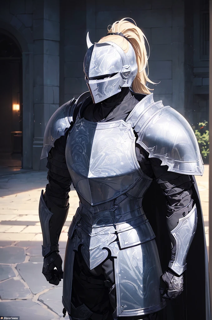 (masterpiece; best quality: 1.2), ((full armored knight man)), ((solo)), (black eyes: 1.4), (body; toned, lean, masculine: 1.3), (beautiful and clear background: 1.2), ((depth of field)), (equipment: full plate all-dark black-damascus realistic armor + closed helmet with ponytail + black cape: 1.3), (anime illustration: 1.2), (background composition; garden exterior + furniture: 1.1), (extremely fine and handsome: 1.1), (shot composition; standing + centered on torso + close-up: 1.5)