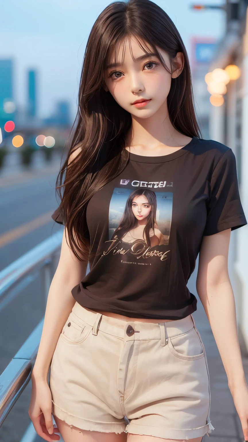 (Highest quality, High resolution, masterpiece :1.3), Beautiful woman, Slim figure, Dark brown hair, T-Shirts, (Night city street), Highly detailed face and skin texture, Fine grain, double eyelid