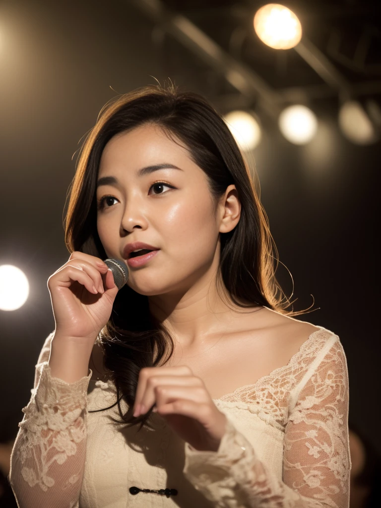 (Masterpiece:1.3)、High resolution、Super detailed、Highly detailed CG Unity 8k wallpaper、Real、フォトReal、RAW Photos、Beautifully detailed face、青White skin、Realな輝く肌、Detailed cloth texture、Detailed hair texture、Perfect body、Beautiful Face、correct、Anatomically correct、Highly detailed face and skin texture、Natural neck length、（Beautiful Hands）、（White skin：1.1）、（Good alignment of teeth：1.1）、（Sweaty skin：1.2）、BREAK、Detailed、Symmetrical eyes、Light brown eyes、double eyelid、Thin eyebrows、(Glossy lips:1.4)、((Waiting for a kiss:1.2))、(cheek:1.1)、(Cowboy Shot:1.2)、(View your viewers)、Cowboy Shot、From above、BREAK、(Singing on stage:1.3) 、Harajuku、20 year old girl、cute、Sexy shot of the camera