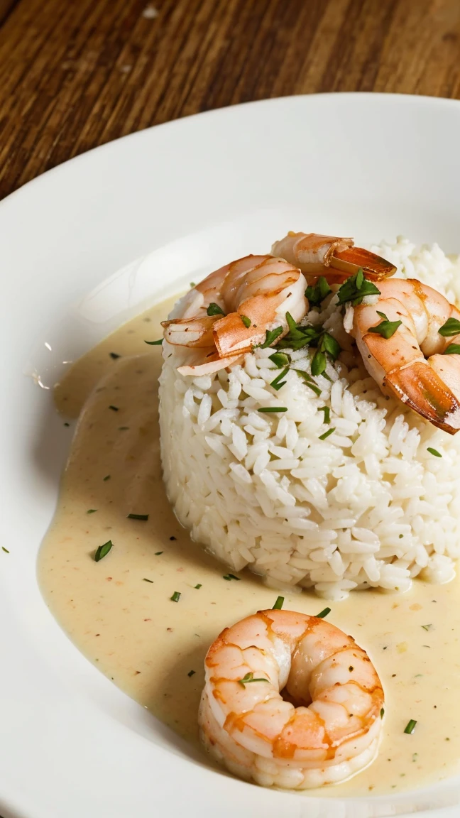 Shrimp cream accompanied by loose white rice sprinkled with chives and parsley on a beautiful white plate on a wooden table
