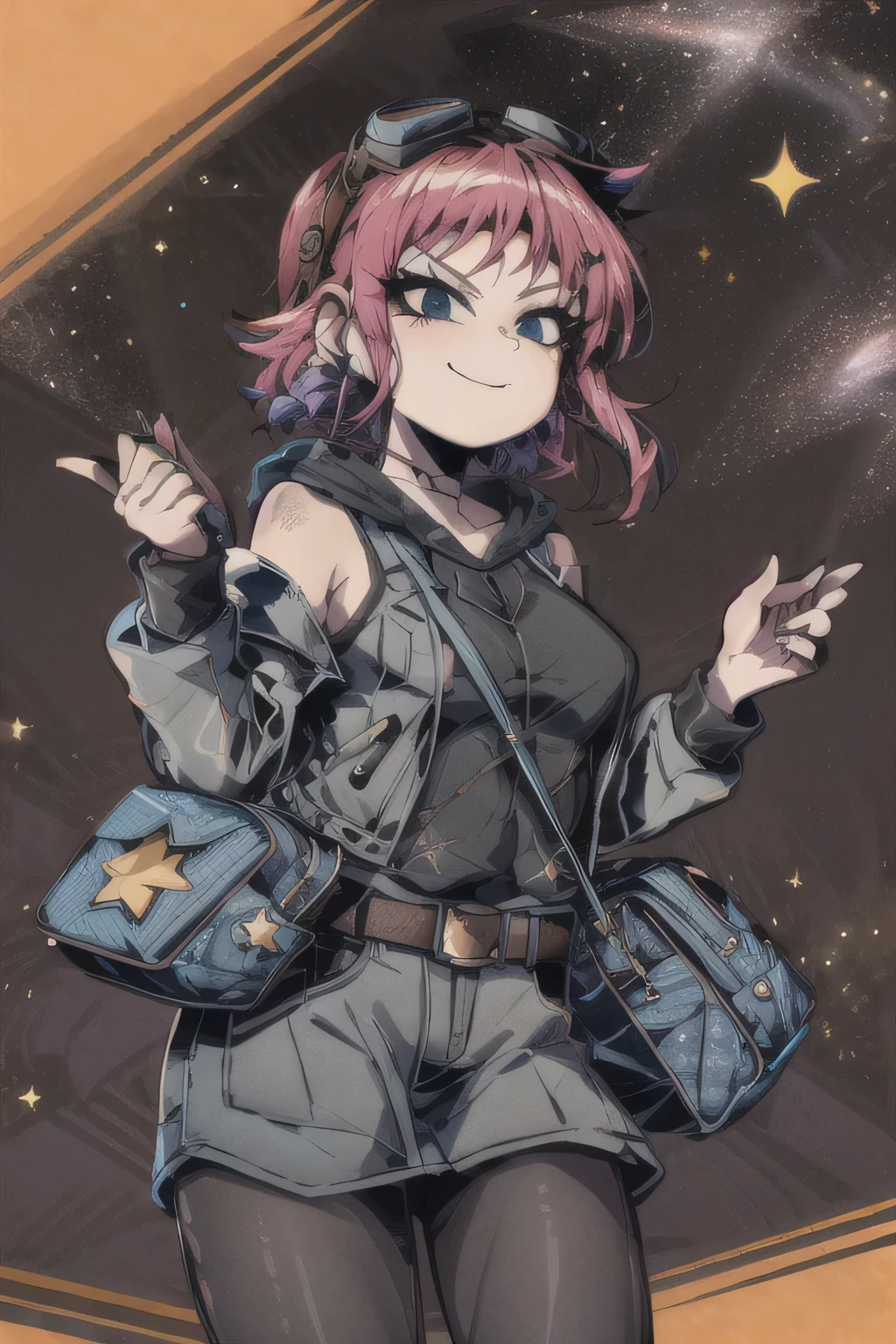 goggles on head, hoodie, grey jacket, long sleeves, shoulder bag, star(symbol), belt, denim skirt, purple pantyhose, smirk planet, star \(sky\),(galaxy background:1.2)