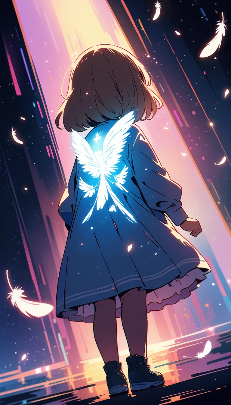 (最high quality, 4K, Attention to detail, high quality:1.2), Ultra-high resolution, (retina:1.1), Cinema Lighting, 1girl, cute, Illustration Style, (whole body, White feathers on the back,fly in the sky:1.3)