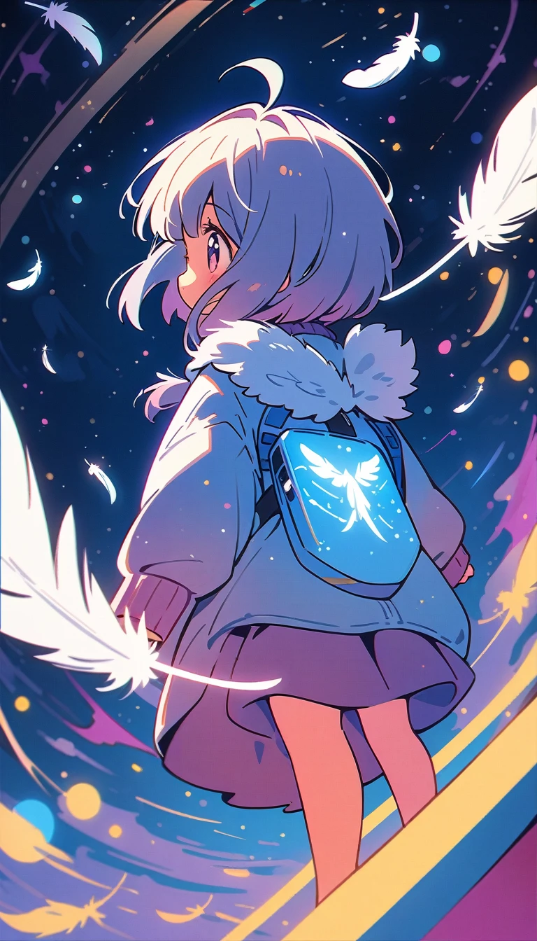 (最high quality, 4K, Attention to detail, high quality:1.2), Ultra-high resolution, (retina:1.1), Cinema Lighting, 1girl, cute, Illustration Style, (whole body, White feathers on the back,fly in the sky:1.3)