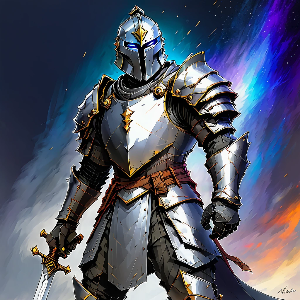 Create an impressionistic painting of a scary warrior knight, Neve, Cosmic gray, artistic, complicated