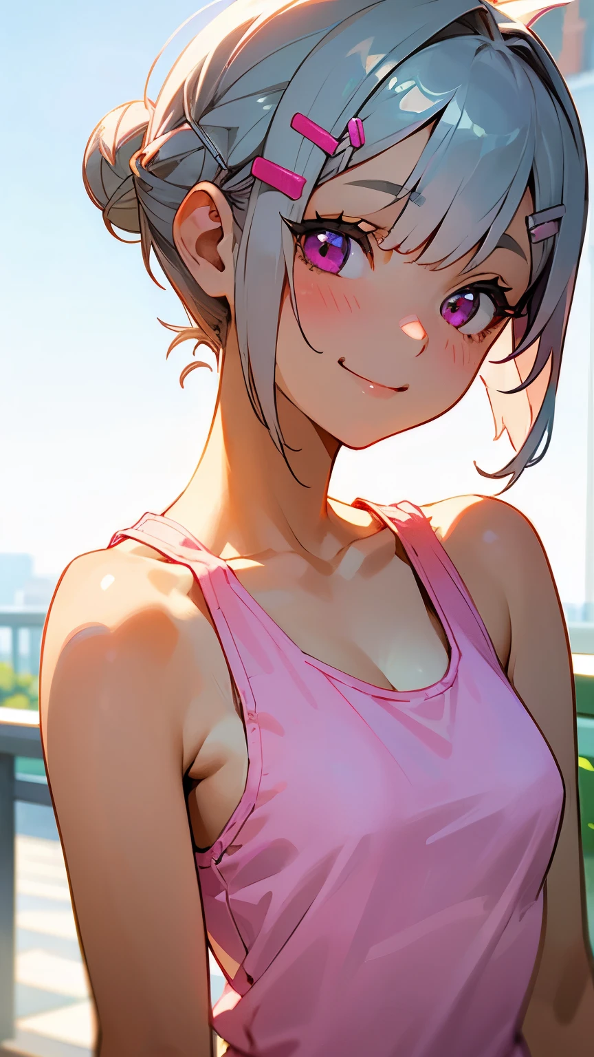 1girl、Short silver bob hair tied in a bun with a hair clip, Pink Eyes、smile、really like、Pink tank top、hot pants、Upper body close-up、Morning Cafe Terrace、Background blur, Written boundary depth