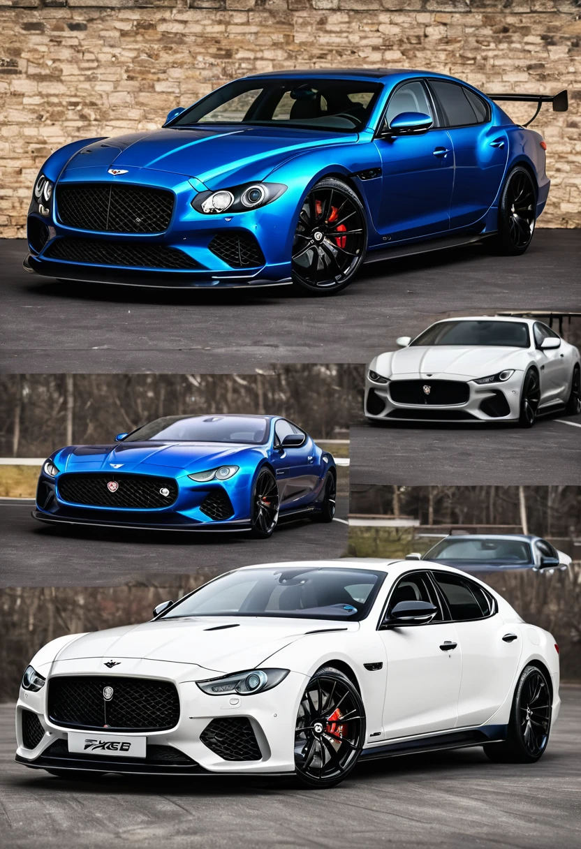 Imagine a seamlessly blended mashup between ((Bentley)) and (Jaguar XE SV PROJECT 8), a Bentley with a (((Maserati Ghibli front grille)))^500 while maintaining the (((original Bentley lights)))^100, with a hint of AMG, CT5-V, Lamborghini and Mazda RX8. It has an aggressively styled full bodykit reminiscent of Rocket bunny or (Vennum-Black), with silver or carbon fiber accents. and is built for performance and speed. It is bold, sleek, fast, luxurious, imposing and intimidating. It has stance, aggressive lines, huge black concave wheels and a bold (((large rear spoiler)))^500. It is iconic and is shown in various rich vibrant luxurious paintwork. It has an air intake or scoop in the hood to cool the 6.3L v12 twin turbo engine. (((The subject is centered and fully in frame))), and is incredibly photorealistic with UHD 8K CLARITY. IT Is taken IN WIDE ANGLE. (((The image shows the whole vehicle in its entirety from the {front|side|back|3/4 angle}))). The vehicle has a (((wide body))) and (((fender flares))), giving it the appearance of having ((big hips and muscular shoulders)), along with its ((widened rear track)) for better handling, giving it a strong dominant and imposing presence on the road. It has the latest technology on board and uses LED lasers for its headlights and taillights. It is next generation, ((modern and futuristic)). It is handsome and (muscular) with a very expensive price tag only for the wealthy elite,