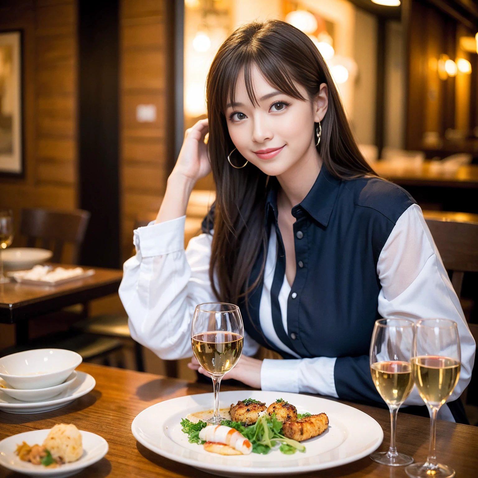((Highest quality、8K、masterpiece:1.3))、Yuuko Araki、slimカップル、Pink rubber、modelカップル、(Realistic, Intricate details:1.2), full-course dinner、Wine Party、Amazing view of the sunset sky and clouds、A bright smile、The wonderfulness of smile、Bright image、The beauty of wine, Beautiful Face, blue eyes, The light shines on your face, Blushing, short hair,Bright Face、 (Age 37), 39 years old, red wine 、Appetizers、Italian food、Wine bottle、Champagne、sparkling wine、Two beauties、Brown Hair、Shortcuts、Long sleeve shirt、dress、Beautiful woman 1, (slimな顔), (The body is slim), (Brown Hair), (Shortcuts), cheeks turn a little red,Attractive beauty、restaurant, In a prominent place (From the waist up) Nova Frog Style, actress, model, Upper Body, White wine, slim, wine glass, 中央に置かれたwine glass, smile, (smile: 1.15), Beautiful fine grain, Depth f/2,saturation, High Contrast, Strong light and shadow,Moist Body:1.5、3D texture、Delicate eyes、Brown Hair、The hair is very shiny、