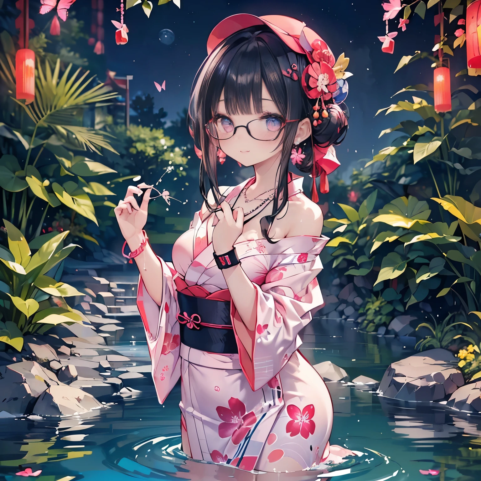 (elegant red pink baseball cap),
(wearing elegant pink round frame glasses),
high angle,from above,cleavage,(beautiful pink and green butterflies and dragonflies all over the place),colorful flowers,fantasy beams and lights,
((masterpiece:1.4, best quality)), ((masterpiece, best quality)),((beautiful twin tail black hair,blunt bangs,beautiful cobalt blue eyes,little cute girl)),((sexy colorful japanese yukata mini dress)),full body, bathing in the water,(beautiful outside open spa),(water splash,lovely laugh), (Lace chalker, wristband, diamond necklace,earrings),cinematic lighting and pause,beautiful natural mysterious park,night sky,full moon,(beautiful pink and red butterflies and dragonflies all over the place),