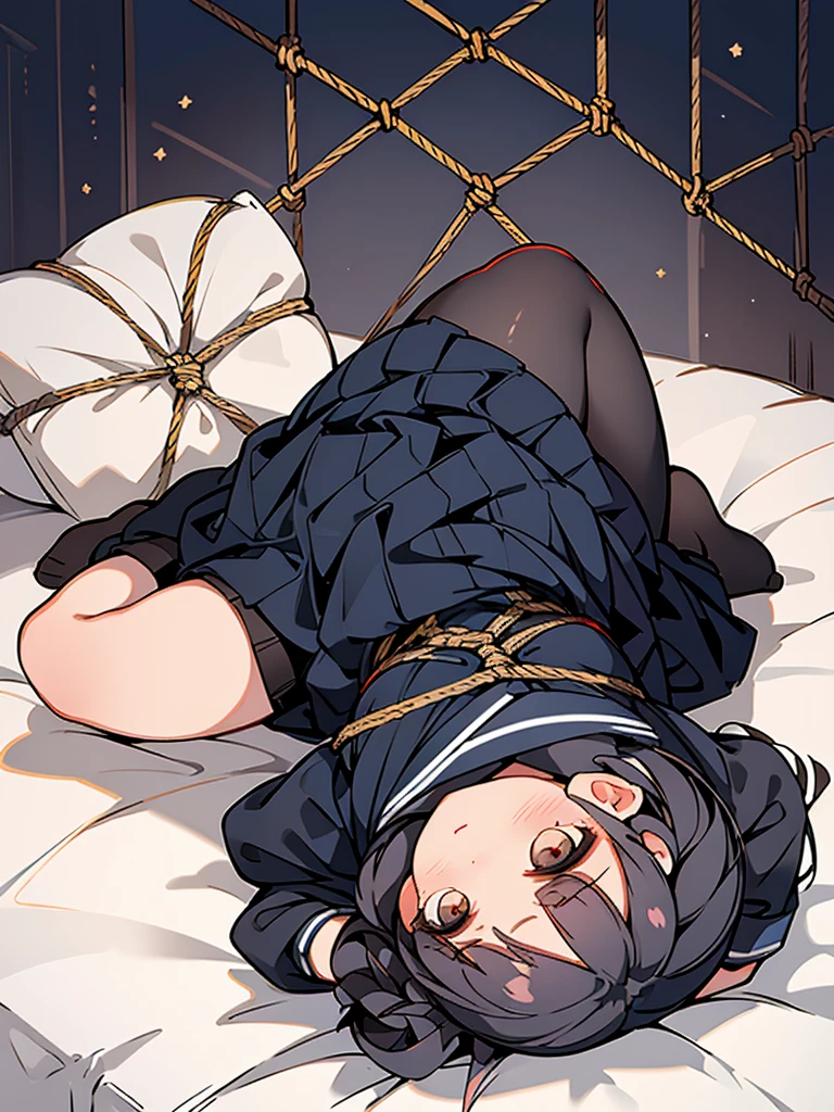Correct human body structure,perfect,Black ponytail,Black pantyhose,((cute girl)),coma,Full body pictures,curled up in a linen bag,Perspective showing linen bag,night,rope bondage,Short skirt,wet clothes,school uniform