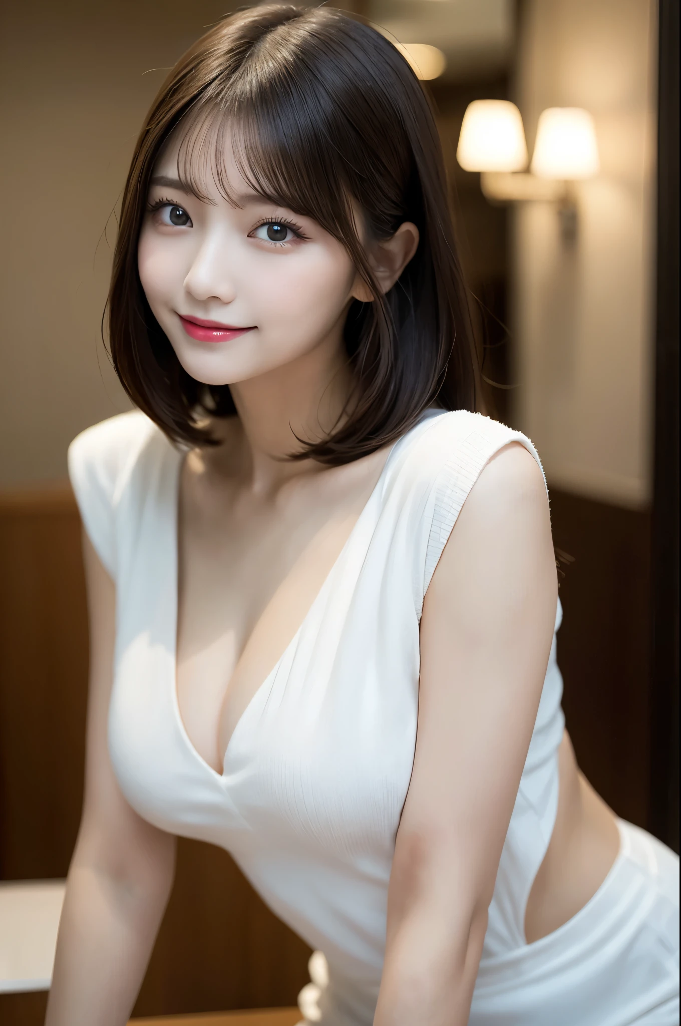 Tabletop, Highest quality, shape, Very detailed, finely, High resolution, 8k wallpaper, 完璧なダイナミックな構shape, Beautiful and exquisite,ランダムなcute髪,,Natural color lip, Bold sexy pose,smile、20-year-old girl、cute、Looking into the camera,Always blur the background,Perfect and beautiful face,Slim face and figure,Big eyes、Putting on gal makeup,Small face,Shooting from below、smile,Blurred Background,Elegant feminine face、Cyberpunk Fashion、Change pose randomly、Randomly change the shooting angle and position、smile、Top to bottom々Shoot from the right angle and direction、Sexy Face、Tight waist