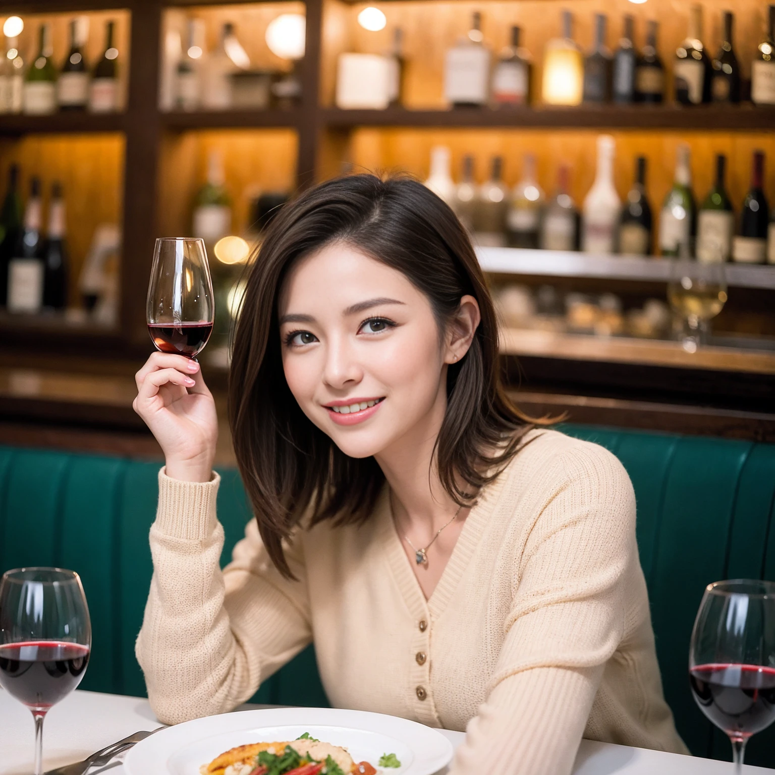 ((Highest quality、8K、masterpiece:1.3))、slimカップル、Pink Lover、modelカップル、(Realistic, Intricate details:1.2), full-course dinner、Wine Party、Amazing view of the sunset sky and clouds、A bright smile、The wonderfulness of smile、Bright image、The beauty of wine, Beautiful Face, blue eyes, The light shines on your face, Blushing, short hair,Bright Face、 (Age 37), 39 years old, red wine 、Appetizers、Italian food、Wine bottle、Champagne、sparkling wine、Two beauties、Brown Hair、Shortcuts、Long sleeve shirt、dress、Beautiful woman 1, (slimな顔), (The body is slim), (Brown Hair), (Shortcuts), cheeks turn a little red,Attractive beauty、restaurant, In a prominent place (From the waist up) Nova Frog Style, actress, model, Upper Body, White wine, slim, wine glass, 中央に置かれたwine glass, smile, (smile: 1.15), Beautiful fine grain, Depth f/2,saturation, High Contrast, Strong light and shadow,Moist Body:1.5、3D texture、Delicate eyes、Brown Hair、The hair is very shiny、