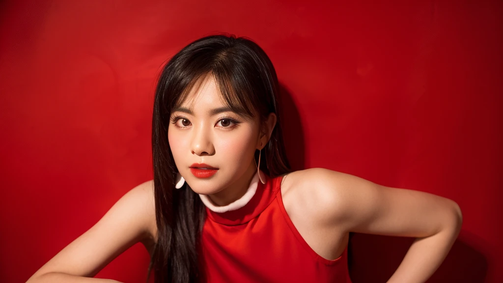 (Red Rose),((Red background)),(Detailed face),vivid,cute,A silky white dress with sleeveless top and turtleneck,4K ,Ultra-high resolution,(Photorealistic：1.7),Long black hair,