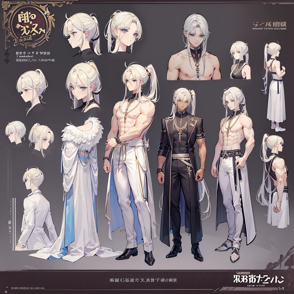 (Masterpiece, best quality), detailed, 1 man, ((character concept art)), ((character design sheet, same character, front, side, back)), full body, body complete, 1 Male angel, 1 Man angel, Detailed face, character design sheet,full bodyesbian, Highly detailed, character sheet, character design, Many parts, dark skin, angel wings, long ponytail blonde hair, angel outfit, muscle male god, male clothes, masculine, muscle man, male muscle, manly, male angel, Muscle male with long ponytail blonde hair,beautiful man, beautiful muscle man, abs, pectoral muscle