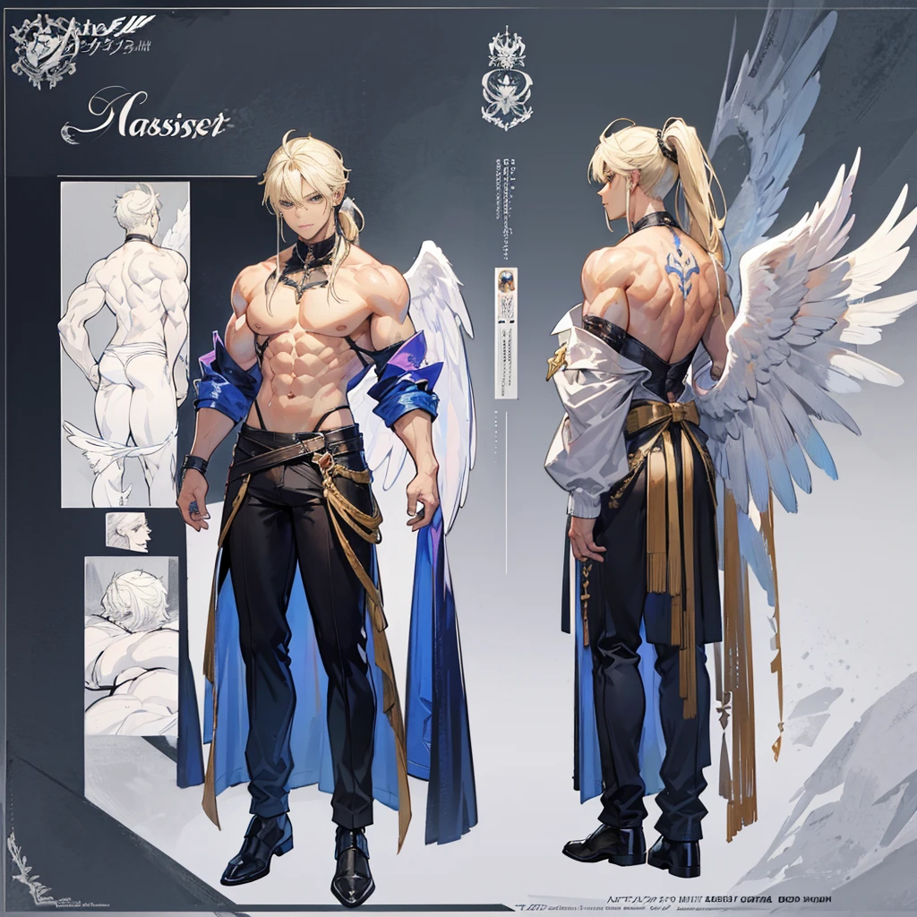 (Masterpiece, best quality), detailed, 1 man, ((character concept art)), ((character design sheet, same character, front, side, back)), full body, body complete, 1 Male angel, 1 Man angel, Detailed face, character design sheet,full bodyesbian, Highly detailed, character sheet, character design, Many parts, dark skin, angel wings, long ponytail blonde hair, angel outfit, muscle male god, male clothes, masculine, muscle man, male muscle, manly, male angel, Muscle male with long ponytail blonde hair,beautiful man, beautiful muscle man, abs, pectoral muscle