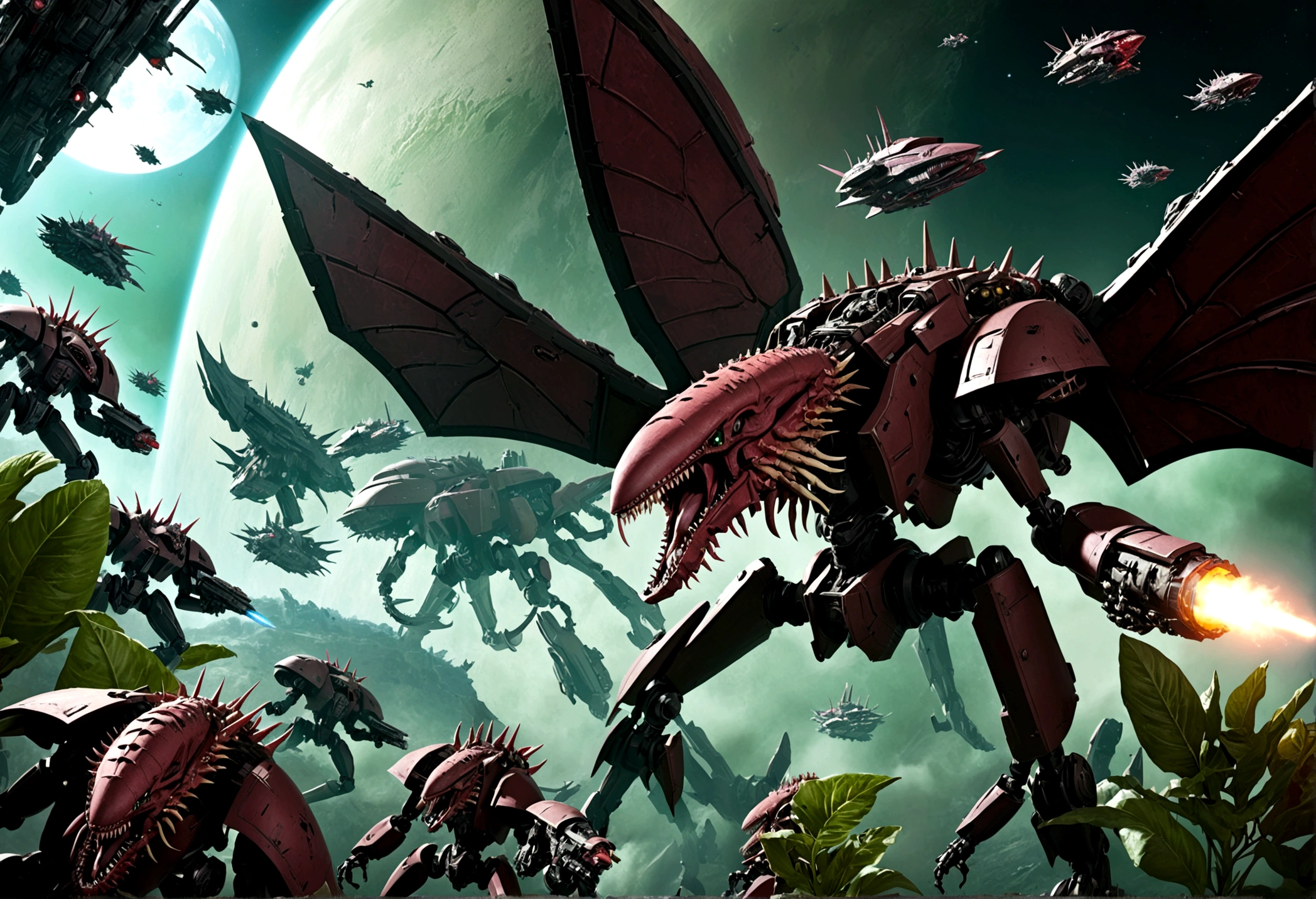 Warhammer 40k, a fleet of gothic Imperial space warships battle Tyranid bio ships in an epic space battle above a lush world