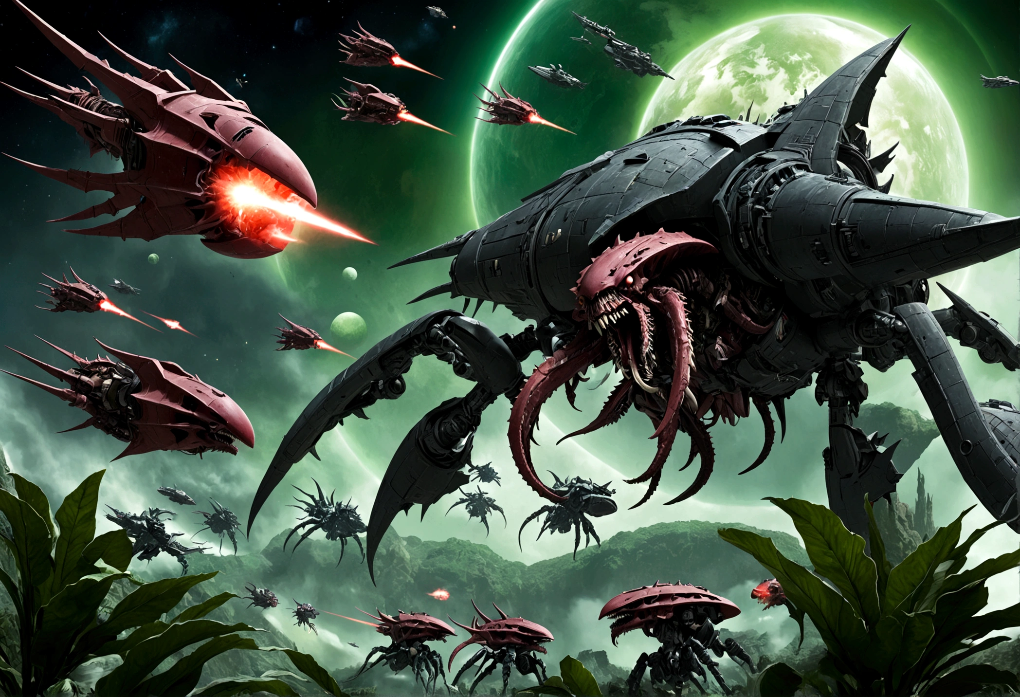Warhammer 40k, a fleet of gothic Imperial space warships battle Tyranid bio ships in an epic space battle above a lush world