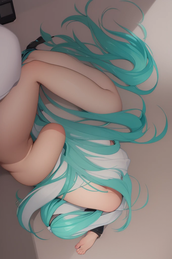 Hatsune Miku Vocaloid, (naked))cum in the bag, big breasts, lying down, open legs the vagina is full of semen blushing face